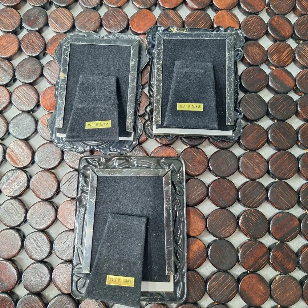 Victorian Ornate Miniature Pewter Style Picture Frame Set of 3 Easel Back Vanity